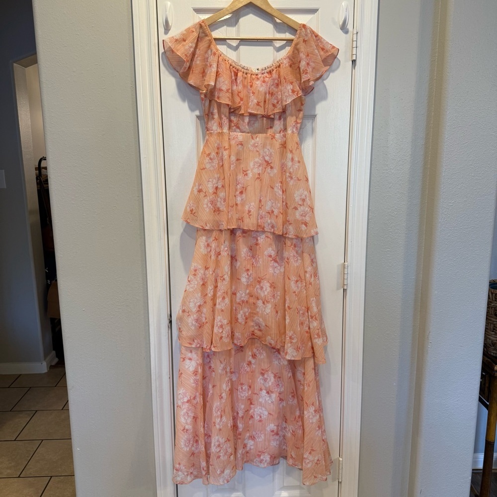 Vintage 70s Maxi Tiered Women’s Small Pink Floral Ruffle Off Shoulder Coquette - Picture 2 of 10